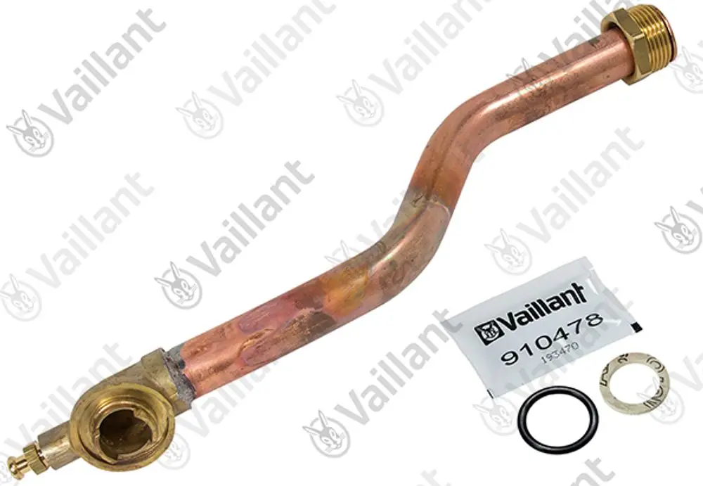 Kupferrohr mit gebogenem Verlauf und einem Anschluss, versehen mit einem Vaillant-Logo und O-Ringen in einer Verpackung.